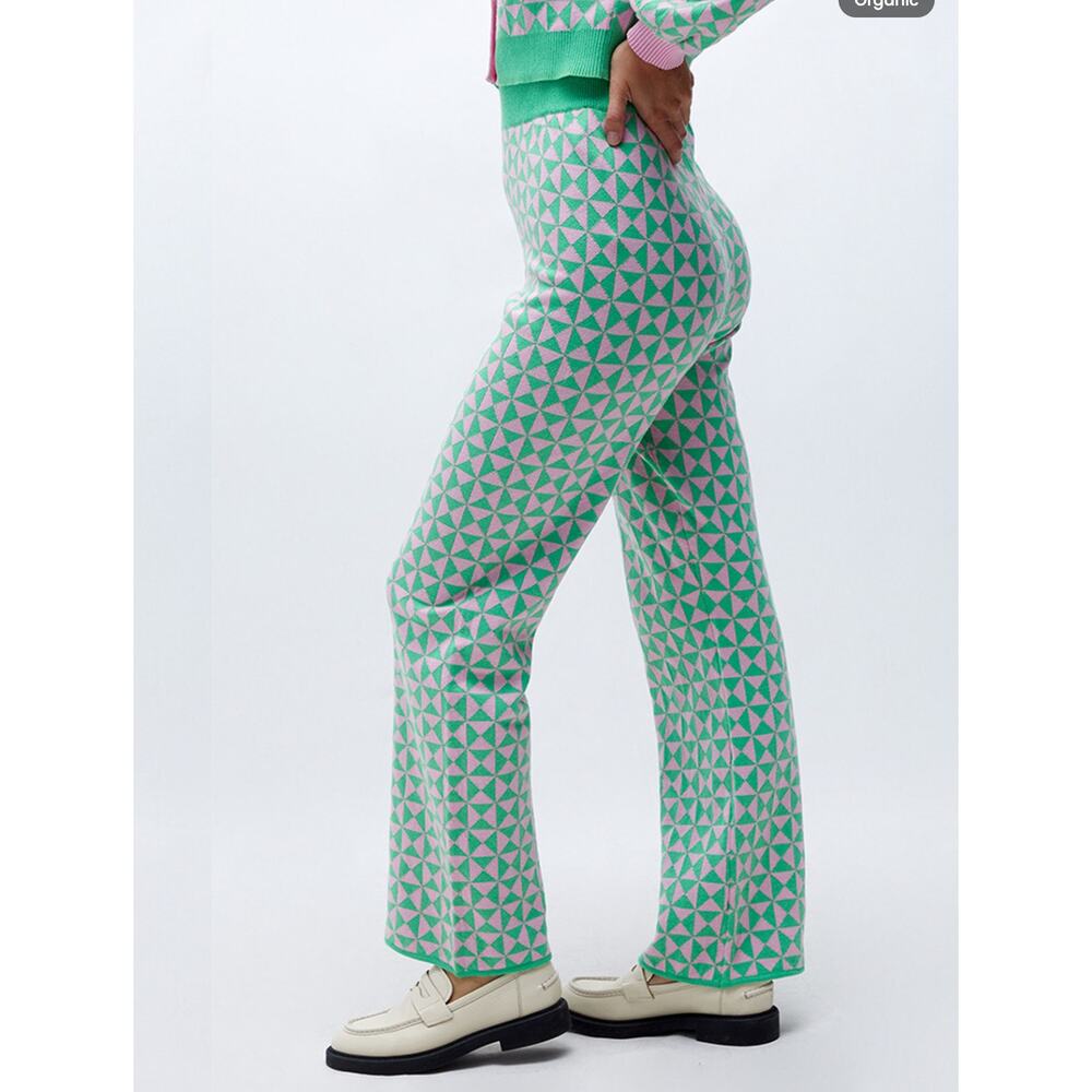 ANOTHER GIRL | Pink and Green Geometric Geo Knit Pattern Wide Leg Pants | Medium